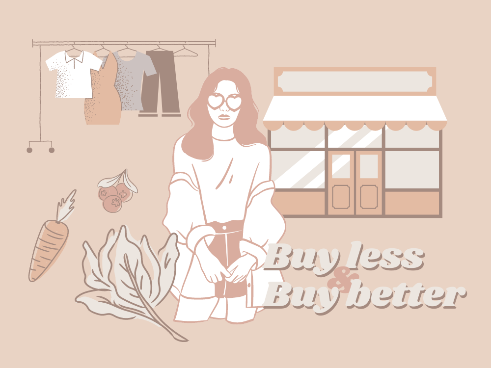 Umweltbewusst einkaufen Collage mit dem Schriftzug Buy less buy better