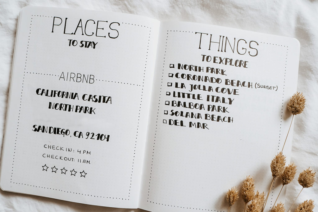 Two pages of a travel journal showing places to stay and things to do 