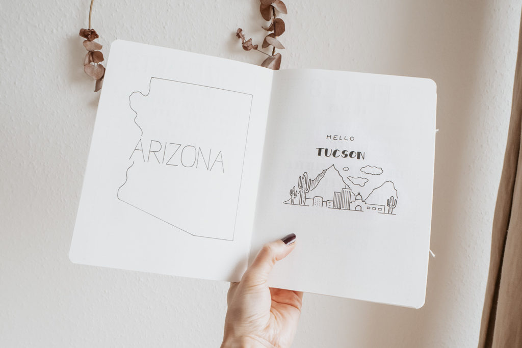 Keep a travel Journal by designing a title page shown is a drawing of Tucson's cityscape